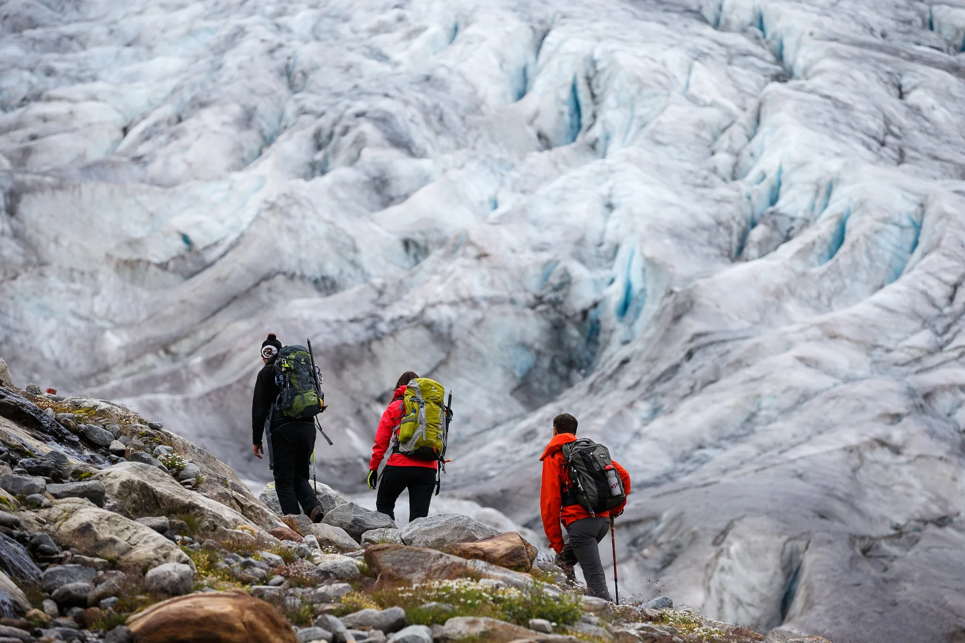 Bilder der Hochtour: über den Gepatschferner zur Rauhekopfhütte. | © DAV/Marco Kost Hochtour: drei Wanderer laufen mit Rucksack über den Gepatschferner zur Rauhekopfhütte. | © DAV/Marco Kost
